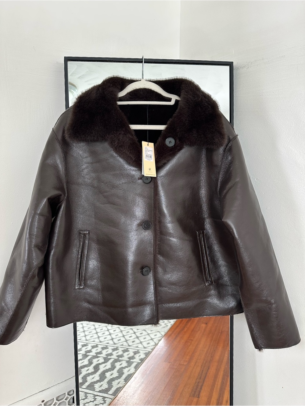 Women’s reversible leather shearling coat with a faux fur collab classic brown